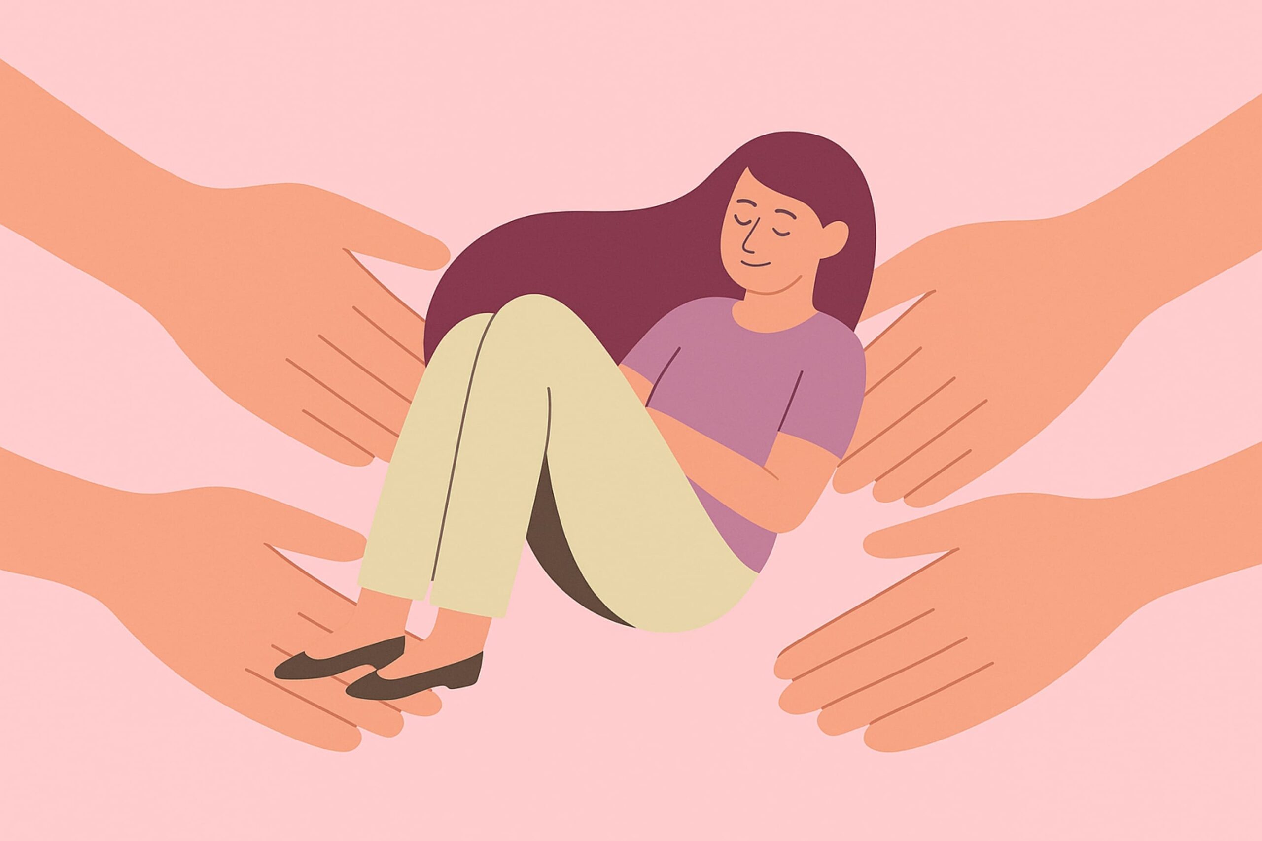 Mujer sostenida por manos, simbolizando la red de apoyo crucial para la salud mental femenina y el bienestar emocional.