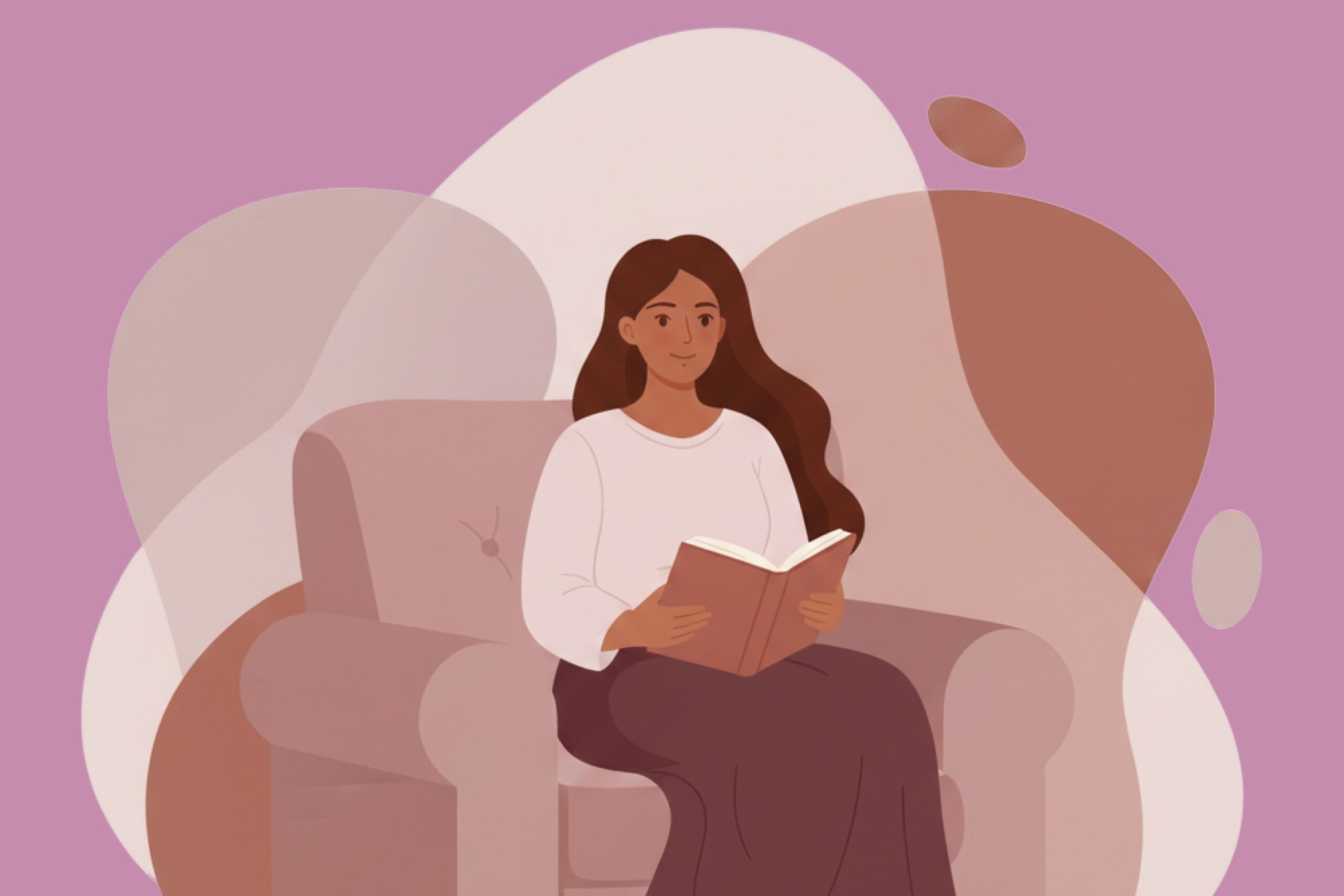 Mujer joven relajada leyendo un libro en un sillón, simbolizando el autocuidado y la tranquilidad. Ideal para un glosario o contenido sobre salud mental.