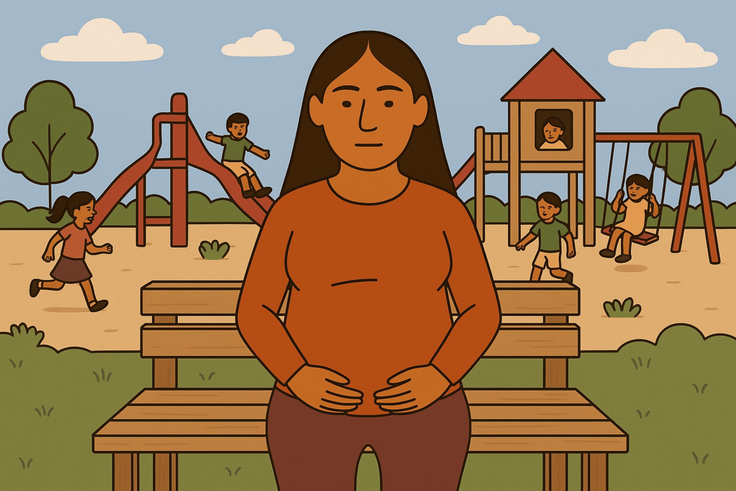 Mujer embarazada, pensativa en un parque, simbolizando la salud mental y desafíos de la maternidad.