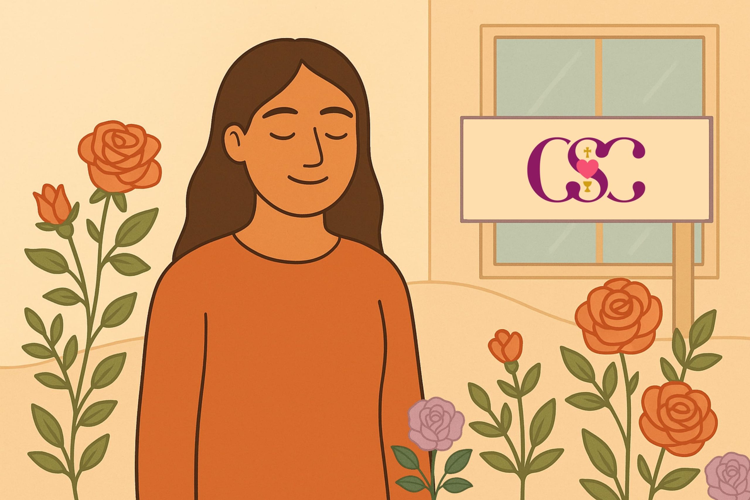 Ilustración de una mujer serena rodeada de flores, representando la paz y el autocuidado en la salud mental de las mujeres.