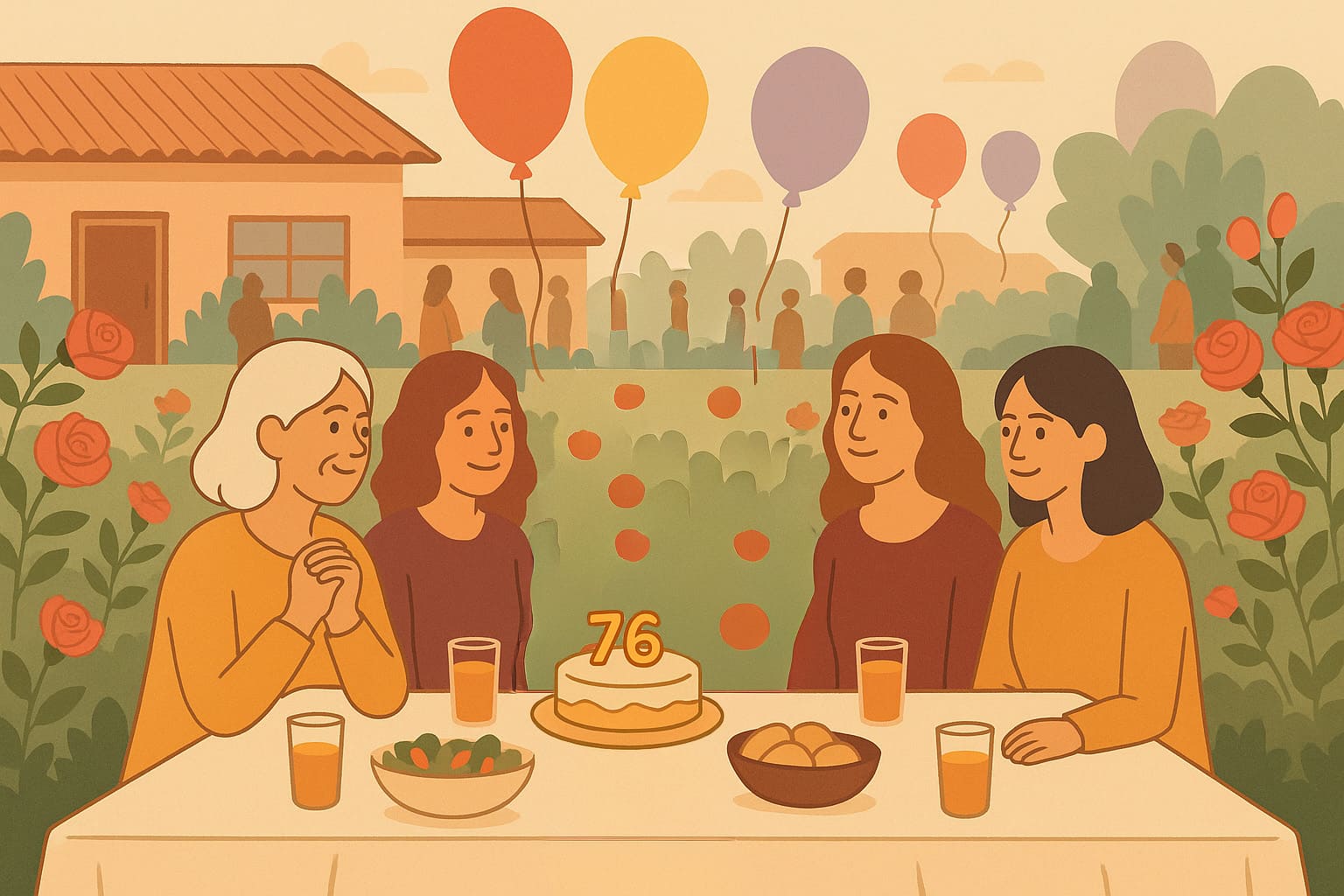 Celebración de aniversario de Clínica Santa Cecilia: Mujeres compartiendo una torta que simboliza 76 años de salud mental y apoyo psicológico.