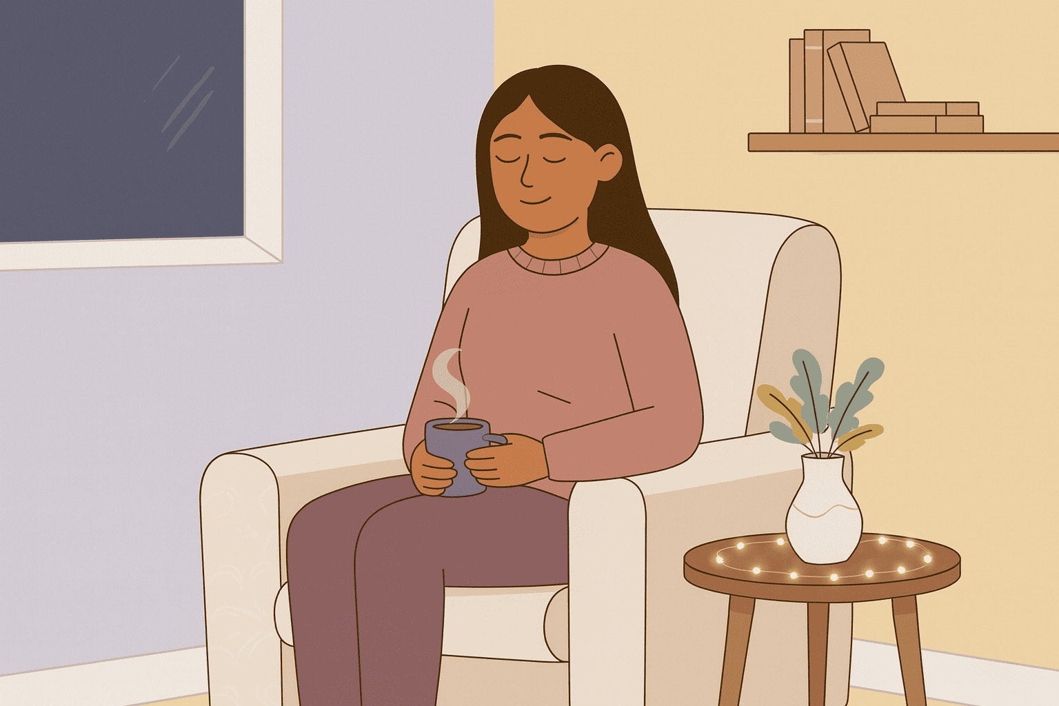 Mujer relajada con taza de té, practicando el autocuidado y la salud mental durante las fiestas.