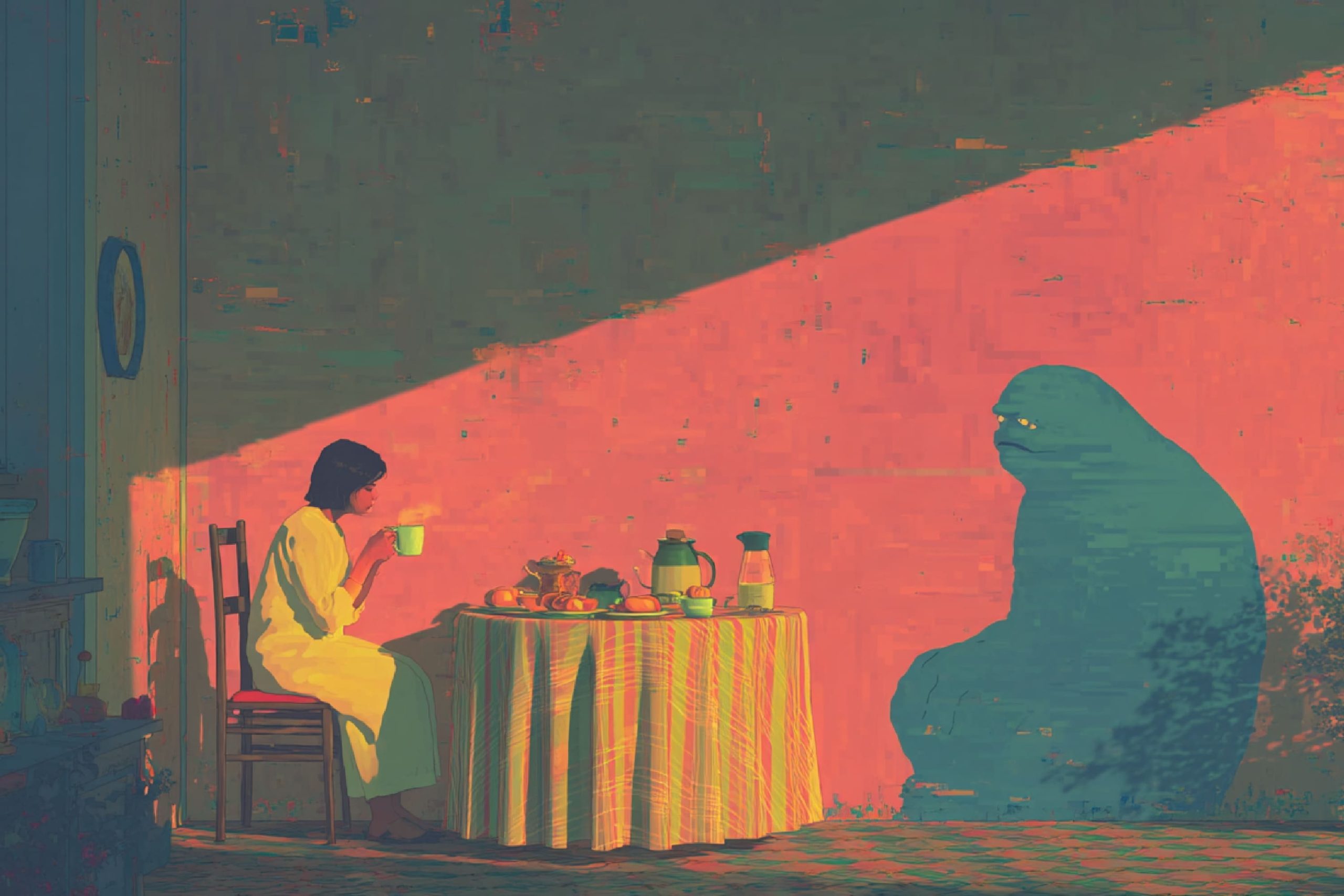 Mujer en tratamiento psiquiátrico enfrentando la depresión, representada por una sombra, buscando bienestar emocional y apoyo profesional.