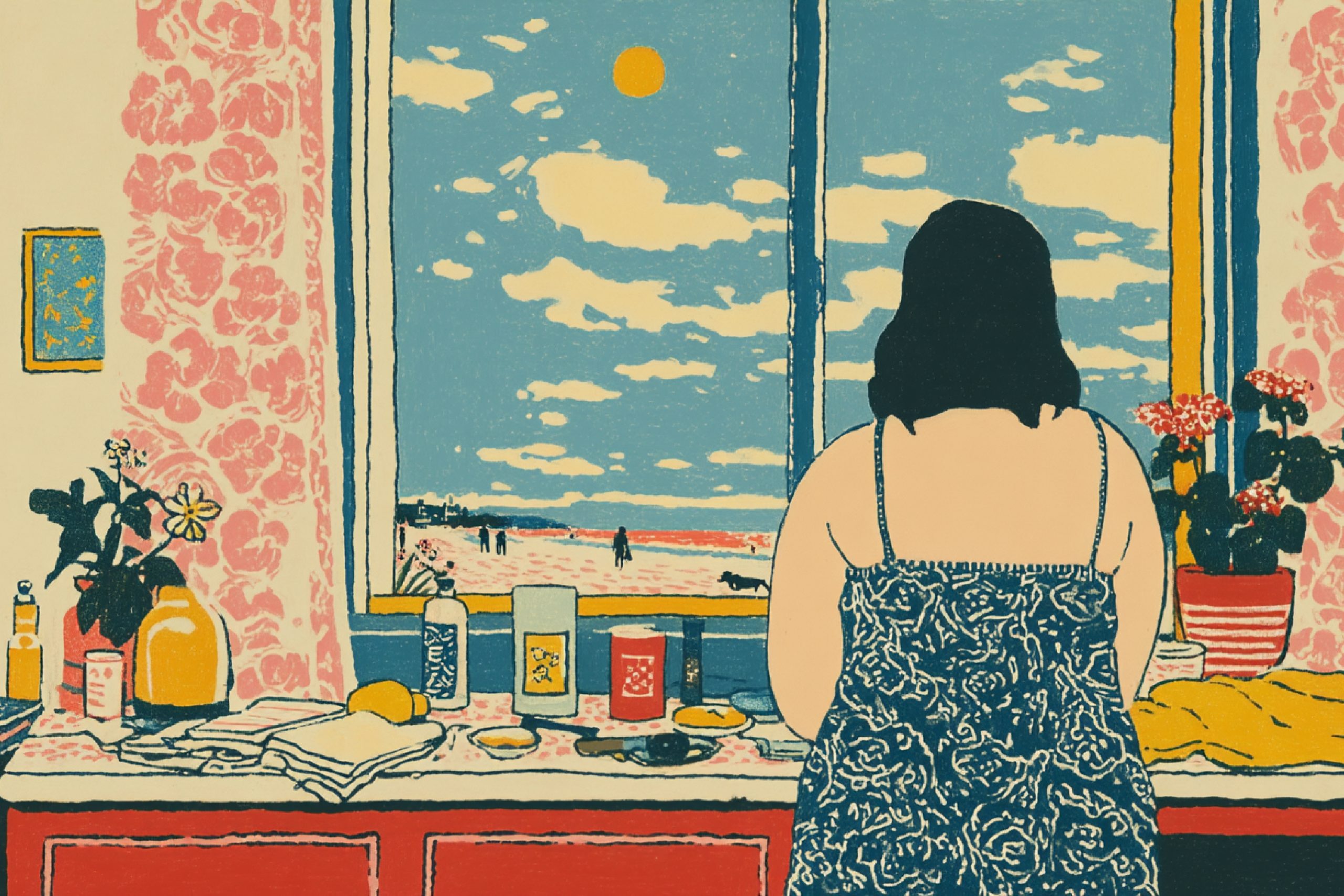 Mujer frente a una ventana observando la playa, fomentando el bienestar emocional y el autocuidado durante el verano.