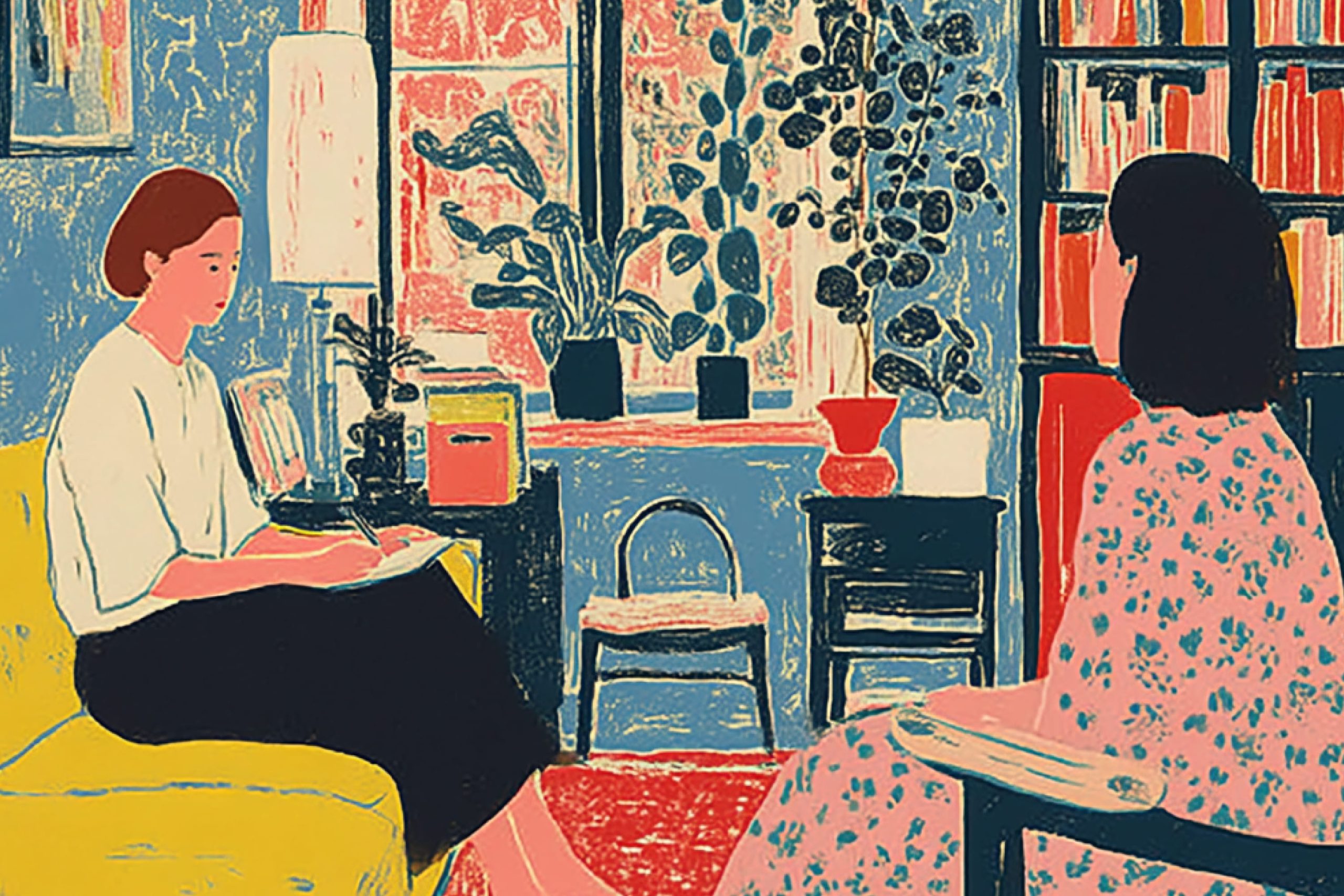 Mujer en sesión de psiquiatría tomando notas frente a otra mujer, en clínica psiquiátrica especializada.