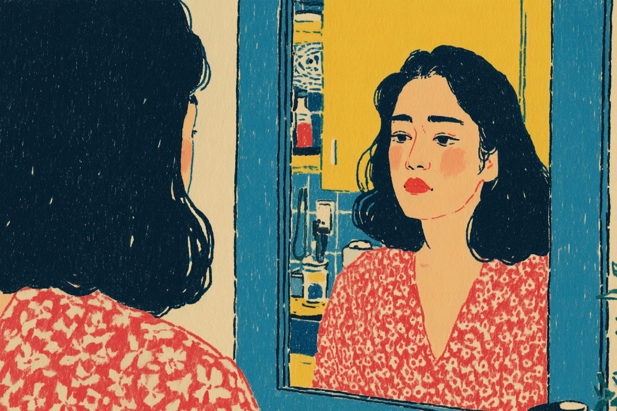 Mujer joven mirándose en un espejo